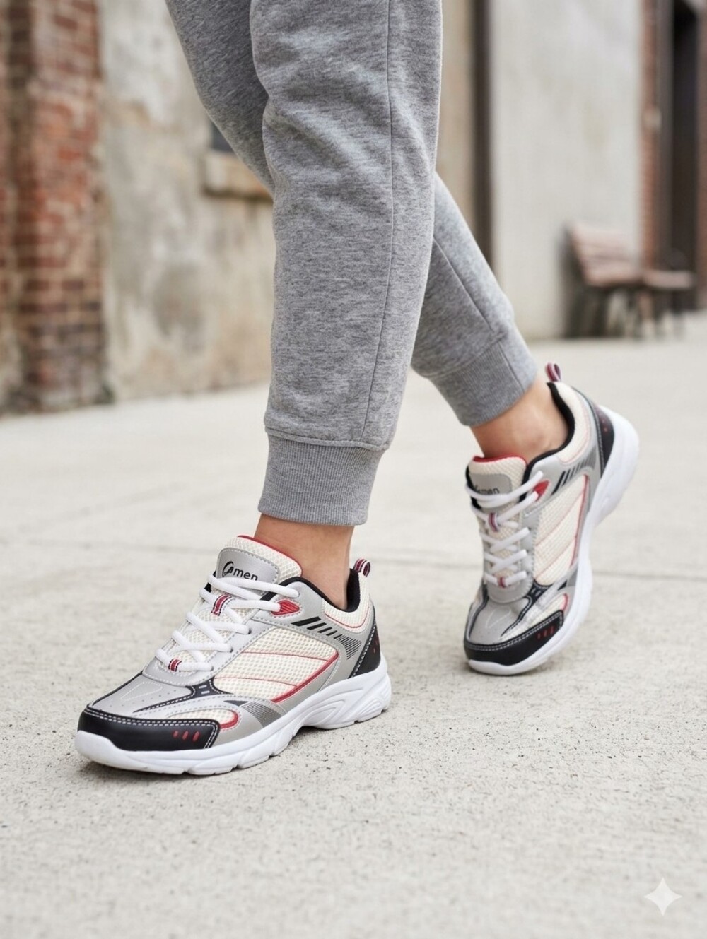 Women’s White Athletic Sneakers with Black & Red Accents - Unknown Brand